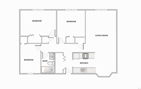 Floor plan for 3 beds, 1 bath, 975 sqft